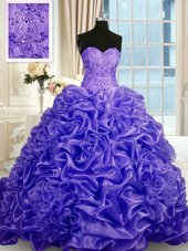 Sleeveless Sweep Train Beading and Pick Ups Lace Up Quinceanera Gowns