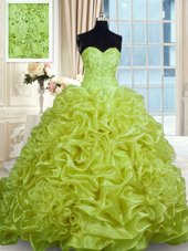 Olive Green Lace Up Sweetheart Beading and Pick Ups 15 Quinceanera Dress Organza Sleeveless Sweep Train