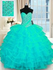 Sleeveless Organza Floor Length Lace Up Ball Gown Prom Dress in Turquoise for with Beading and Ruffled Layers