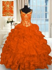 Pretty Brush Train Ball Gowns Sweet 16 Dresses Orange Red Spaghetti Straps Organza Sleeveless Lace Up