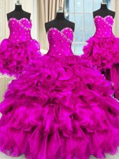 Four Piece Fuchsia Organza Lace Up Sweetheart Sleeveless Floor Length Quinceanera Dress Beading and Ruffles and Ruching
