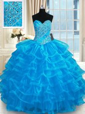 Blue Organza Lace Up Sweetheart Sleeveless Floor Length Quinceanera Dresses Beading and Ruffled Layers