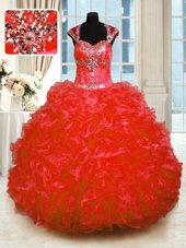 Red Straps Lace Up Beading and Ruffles Sweet 16 Dress Cap Sleeves
