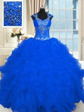 Ball Gowns Quinceanera Dress Royal Blue Straps Organza Cap Sleeves Floor Length Lace Up