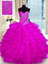 Comfortable Beading and Ruffled Layers Vestidos de Quinceanera Fuchsia Lace Up Sleeveless Floor Length