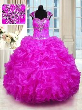 Deluxe Fuchsia Organza Lace Up Straps Cap Sleeves Floor Length Vestidos de Quinceanera Beading and Ruffles