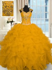 Gold 15th Birthday Dress Military Ball and Sweet 16 and Quinceanera and For with Beading and Embroidery Strapless Sleeveless Lace Up