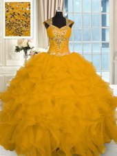 Great Cap Sleeves Lace Up Floor Length Beading and Ruffles Quinceanera Dress
