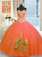 Latest Beading and Appliques and Embroidery Quinceanera Gowns Orange Red Lace Up Sleeveless Floor Length