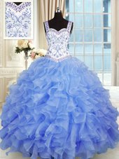 Noble Aqua Blue Ball Gowns Beading Quinceanera Gowns Lace Up Organza Sleeveless Floor Length