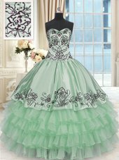 New Style Apple Green Organza and Taffeta Lace Up Quinceanera Gown Sleeveless Floor Length Beading and Embroidery and Ruffled Layers