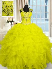 Perfect Yellow Cap Sleeves Floor Length Beading and Ruffles Lace Up Quince Ball Gowns