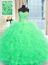 Fine Apple Green Ball Gowns Sweetheart Sleeveless Tulle Floor Length Lace Up Beading and Ruffles 15 Quinceanera Dress