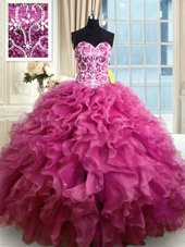 Amazing Fuchsia Sleeveless Beading and Ruffles Floor Length 15 Quinceanera Dress