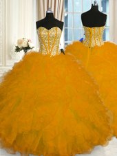 Sleeveless Floor Length Beading and Ruffles Lace Up Quinceanera Dresses with Gold