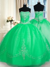 Strapless Sleeveless Vestidos de Quinceanera Floor Length Beading and Embroidery Green Tulle