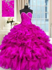 Sleeveless High Low Beading and Ruffles Lace Up Quinceanera Gown with Fuchsia