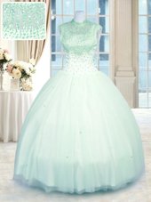 Nice Apple Green Ball Gowns Tulle High-neck Sleeveless Beading Floor Length Zipper Quinceanera Dresses