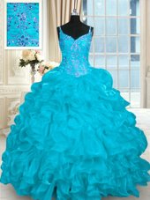 Spectacular Sleeveless Beading and Embroidery and Ruffles Lace Up 15th Birthday Dress with Aqua Blue Brush Train