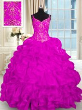 Fuchsia Sleeveless Brush Train Beading and Embroidery and Ruffles Vestidos de Quinceanera