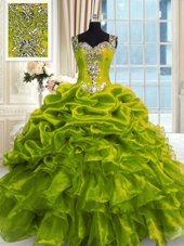 High Class Olive Green Organza Lace Up Quinceanera Gown Sleeveless Floor Length Beading