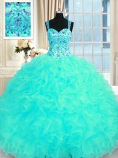 Cute Aqua Blue Sleeveless Organza Lace Up Quinceanera Gowns for Military Ball and Sweet 16 and Quinceanera