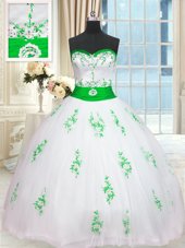 Perfect White Quinceanera Dress Military Ball and Sweet 16 and Quinceanera and For with Appliques and Belt Sweetheart Sleeveless Lace Up