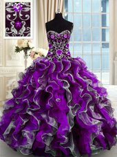Multi-color Ball Gowns Sweetheart Sleeveless Organza Floor Length Lace Up Beading and Appliques Quinceanera Dress