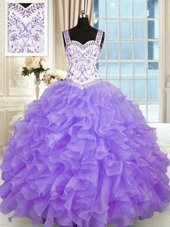 Sexy Lavender Lace Up Sweet 16 Dresses Beading and Appliques and Ruffles Sleeveless Floor Length