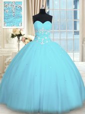 Excellent Light Blue Sleeveless Floor Length Appliques Lace Up Quince Ball Gowns