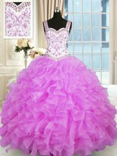 Customized Lilac Ball Gowns Beading and Ruffles Sweet 16 Dress Lace Up Organza Sleeveless Floor Length