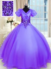 Charming Organza V-neck Short Sleeves Lace Up Appliques 15 Quinceanera Dress in Lavender