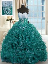 Yellow Green Organza Lace Up Spaghetti Straps Sleeveless Floor Length Quince Ball Gowns Beading and Pick Ups