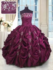 Burgundy Sleeveless Floor Length Beading and Appliques and Embroidery and Pick Ups Lace Up Quinceanera Dresses