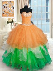 Spectacular Fuchsia Sleeveless Beading and Ruffles Floor Length Sweet 16 Quinceanera Dress