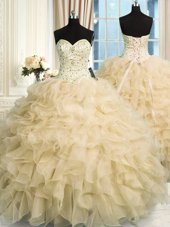 Exceptional Champagne Organza Lace Up 15th Birthday Dress Sleeveless Floor Length Beading and Ruffles