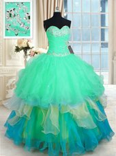 Fuchsia Taffeta and Tulle Lace Up Vestidos de Quinceanera Sleeveless Floor Length Beading and Lace and Ruching and Pick Ups