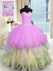 Sweet Floor Length Lace Up Vestidos de Quinceanera Multi-color and In for Military Ball and Sweet 16 and Quinceanera with Appliques and Ruffled Layers