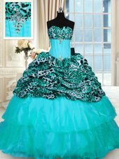 Aqua Blue Lace Up Strapless Beading and Ruffled Layers Ball Gown Prom Dress Organza and Printed Sleeveless Sweep Train