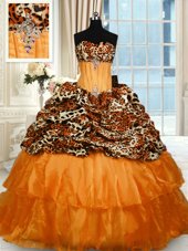 Fancy Printed Orange Ball Gown Prom Dress Military Ball and Sweet 16 and Quinceanera and For with Beading and Ruffled Layers Strapless Sleeveless Sweep Train Lace Up