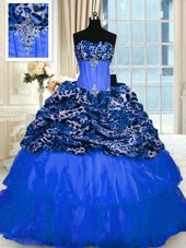Dramatic Printed Blue Sleeveless Floor Length Beading and Sequins Lace Up Quinceanera Gowns