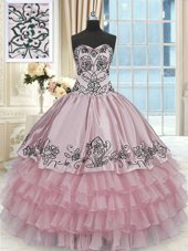 Custom Design Pink Sweet 16 Dresses Military Ball and Sweet 16 and Quinceanera and For with Beading and Embroidery and Ruffled Layers Sweetheart Sleeveless Lace Up