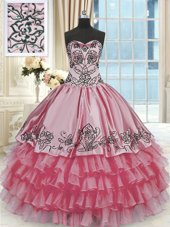 Rose Pink Organza and Taffeta Lace Up Sweetheart Sleeveless Floor Length Vestidos de Quinceanera Beading and Embroidery and Ruffled Layers
