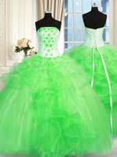 Charming Sleeveless Floor Length Pick Ups and Hand Made Flower Lace Up Quinceanera Dresses with