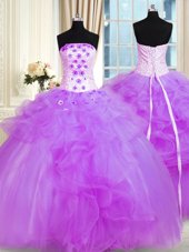 Sumptuous Sleeveless Floor Length Pick Ups and Hand Made Flower Lace Up Sweet 16 Quinceanera Dress with Purple