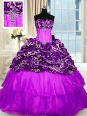 Modest Ruffled Sweep Train Ball Gowns Quinceanera Dresses Purple Strapless Organza and Printed Sleeveless Lace Up