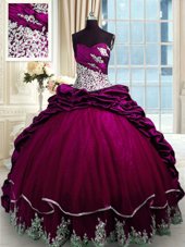 Fuchsia Lace Up Quinceanera Gown Beading and Appliques and Pick Ups Sleeveless Brush Train