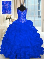 Custom Designed Royal Blue Lace Up Spaghetti Straps Beading and Embroidery and Ruffles and Pick Ups Quinceanera Dresses Organza Sleeveless Brush Train