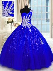 Lovely One Shoulder Tulle and Sequined Sleeveless Floor Length Sweet 16 Quinceanera Dress and Appliques