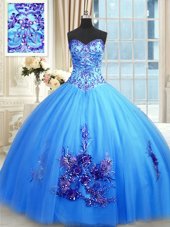 Beauteous Blue Ball Gowns Sweetheart Sleeveless Tulle Floor Length Lace Up Beading and Appliques and Embroidery Quince Ball Gowns